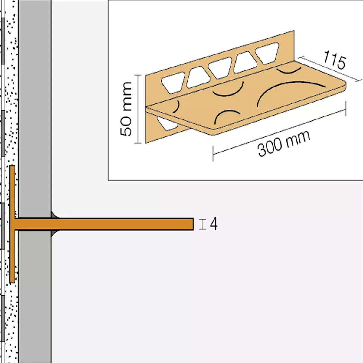 Polica za tuš Zidna polica Schlüter pravokutnik 30x11,5cm zakrivljena boja slonovače