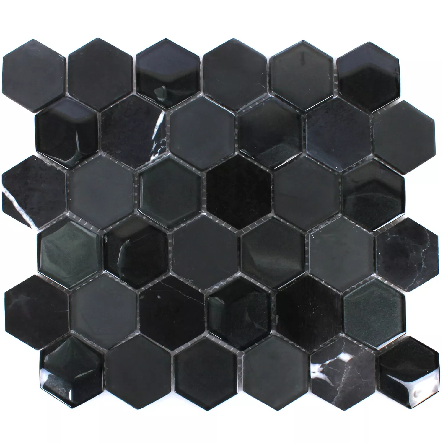 Mozaik Pločice Šesterokut Staklo Prirodni Kamen Crna 3D