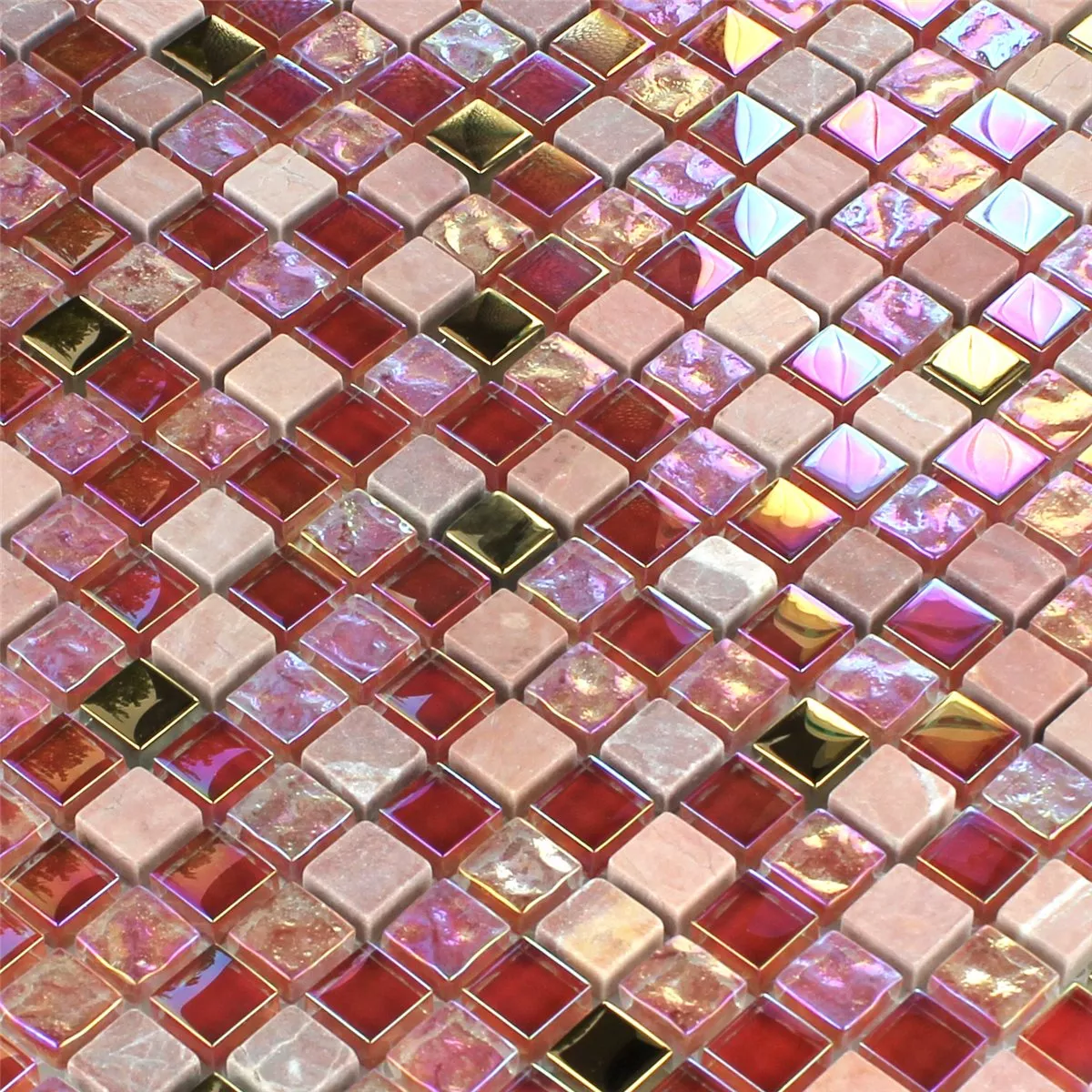 Mozaik Pločice Staklo Prirodni Kamen Crvena Ružičasta Zlatna