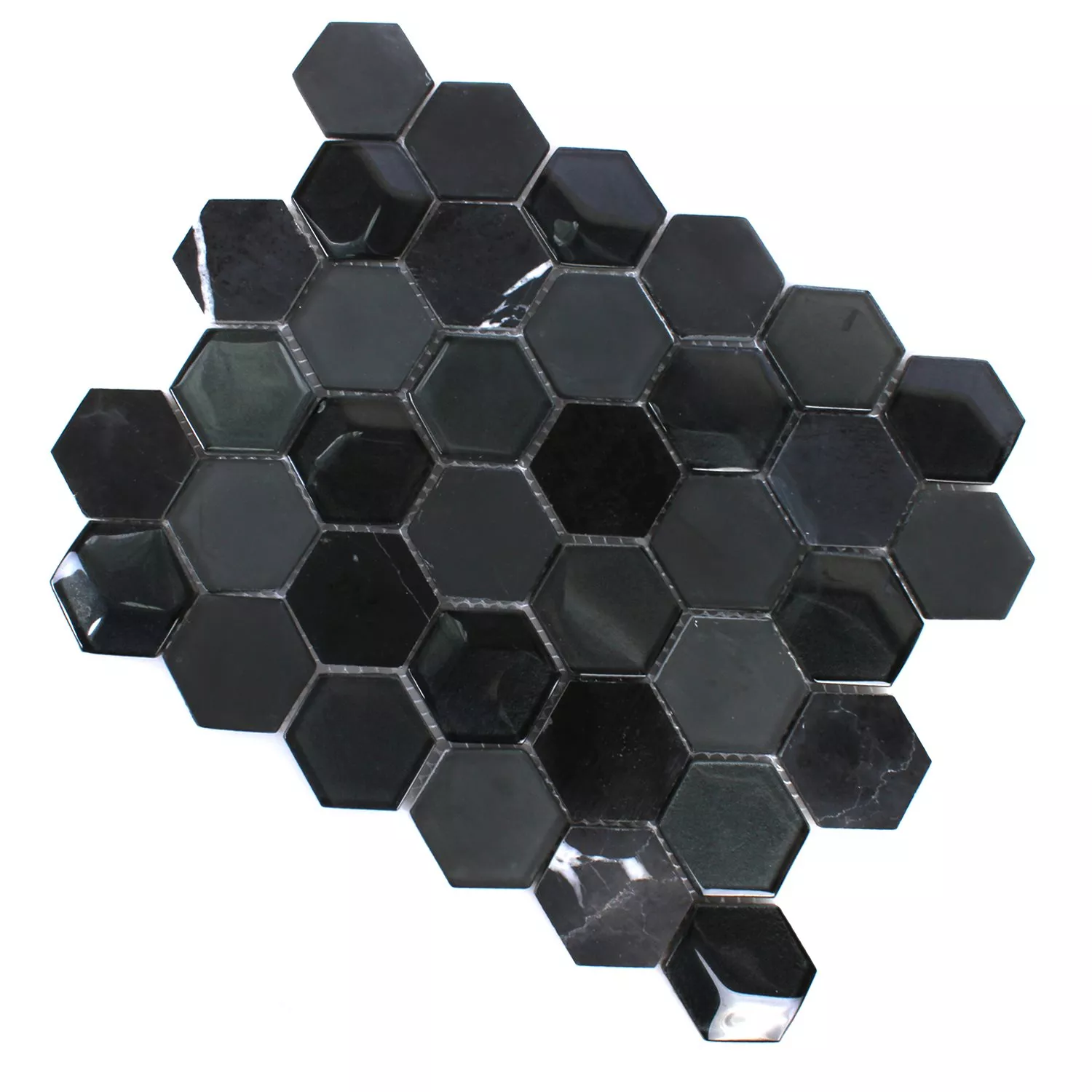 Mozaik Pločice Šesterokut Staklo Prirodni Kamen Crna 3D