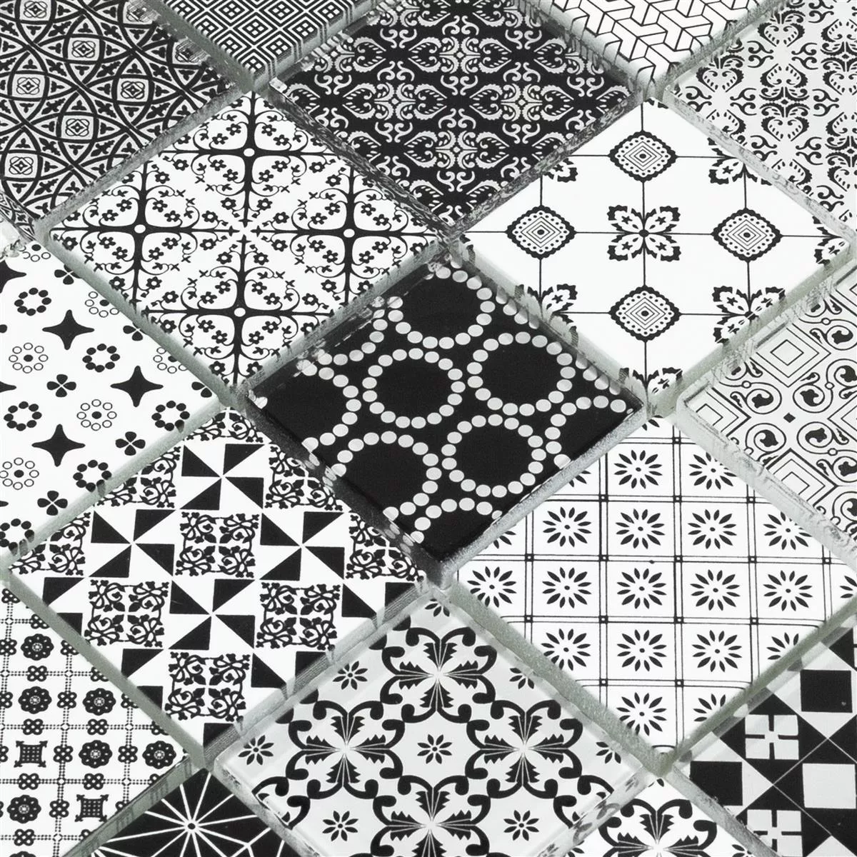 Stakleni Mozaik Pločice Ornamento Crna Bijela